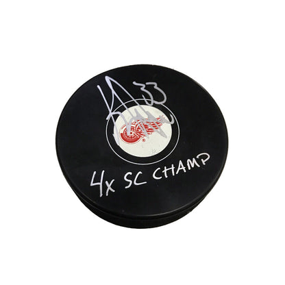 KRIS DRAPER Signed Detroit Red Wings Puck - 4x SC Champs Inscription