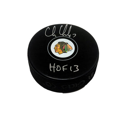 CHRIS CHELIOS Signed Chicago Blackhawks Puck - HOF13