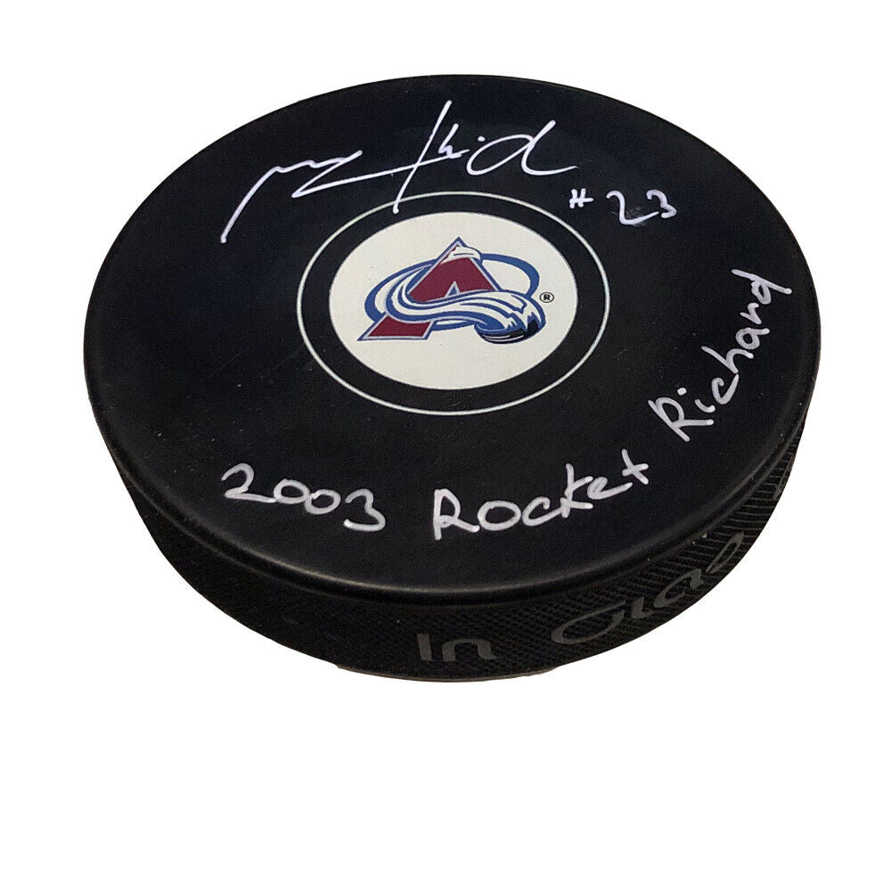MILAN HEJDUK Signed & Inscribed Colorado Avalanche Puck - 2003 Rocket Richard