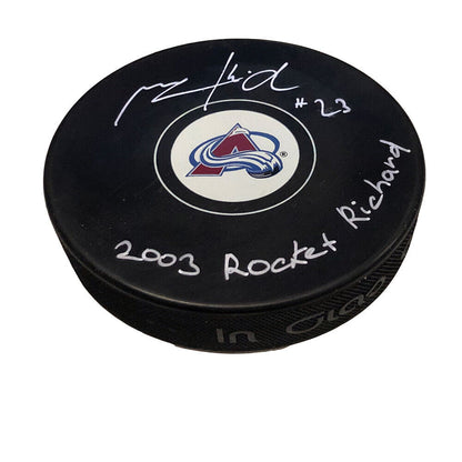 MILAN HEJDUK Signed & Inscribed Colorado Avalanche Puck - 2003 Rocket Richard