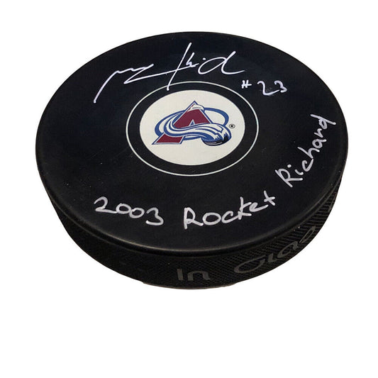 MILAN HEJDUK Signed & Inscribed Colorado Avalanche Puck - 2003 Rocket Richard