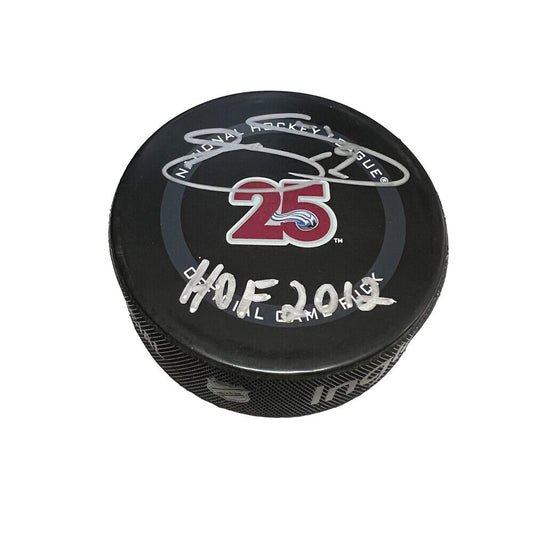 JOE SAKIC Signed 25th Anniversary Official Game Puck - Colorado Avalanche