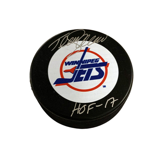Teemu Selanne Signed WInnipeg Jets Puck - HOF 17 Inscription