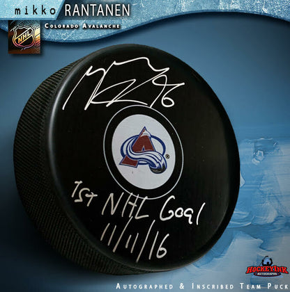 MIKKO RANTANEN Signed Colorado Avalanche Puck - "1st NHL Goal 11/11/16"