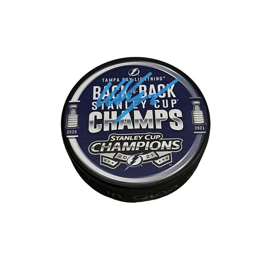 NIKITA KUCHEROV Signed Back-to-Back Stanley Cup Champs Puck - Tampa Lightning