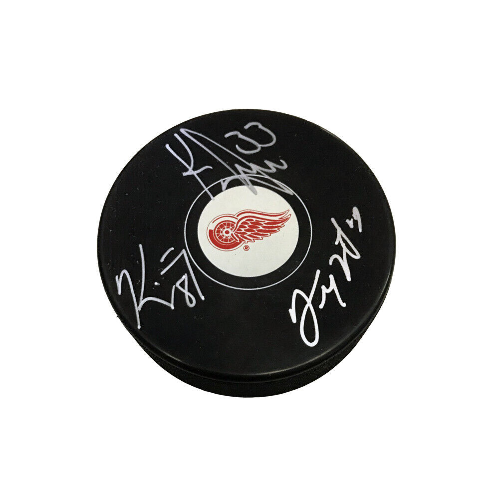 THE GRIND LINE Signed Detroit Red Wings Puck - McCarty. Draper, & Maltby