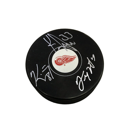 THE GRIND LINE Signed Detroit Red Wings Puck - McCarty. Draper, & Maltby