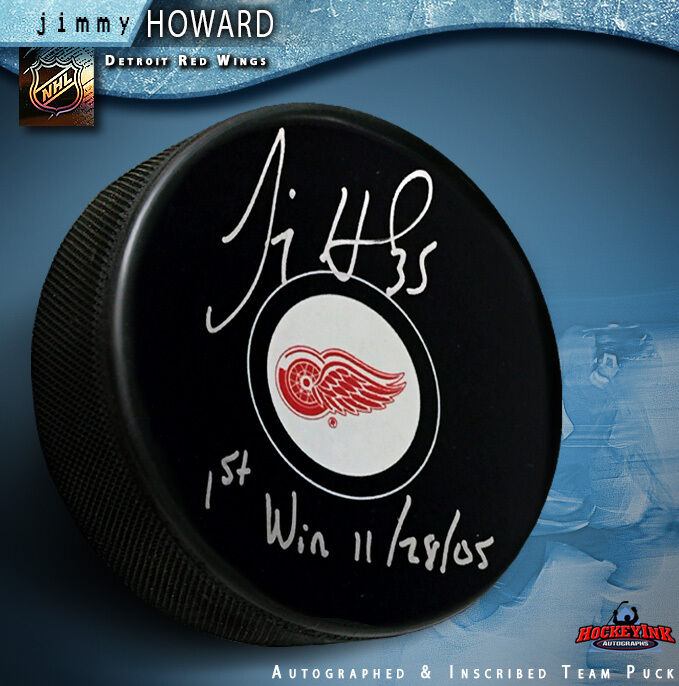 Jimmy Howard Autographed Detroit Red Wings Puck "1st. Win 11/28/05"