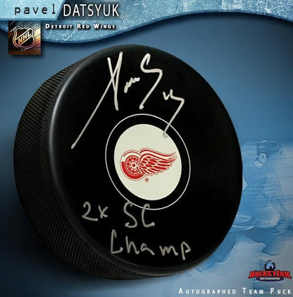 PAVEL DATSYUK Signed Detroit Red Wings Puck Inscribed "2x SC Champ"