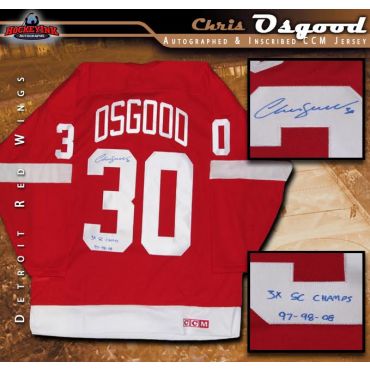 Chris Osgood Autographed Detroit Red Wings Red CCM Jersey Inscribed 3X SC Champs