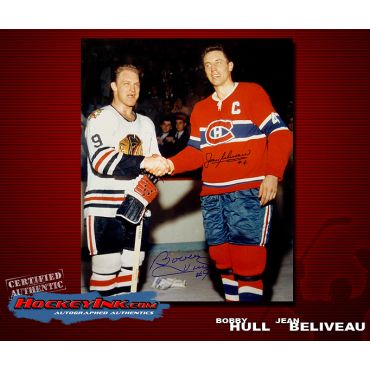 Bobby Hull and Jean Beliveau Shaking Hands  16 x 20 Autographed Photo
