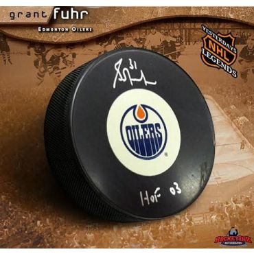 Grant Fuhr Edmonton Oilers Autographed  Vintage Logo Hockey Puck