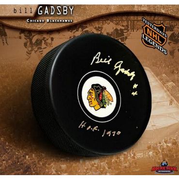 Bill Gadsby Chicago Blackhawks Autographed Hockey Puck with HOF Inscription
