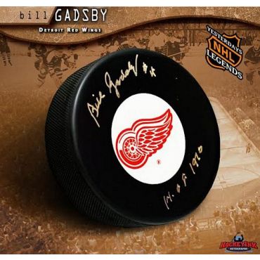 Bill Gadsby Detroit Red Wings Autographed Hockey Puck with HOF Inscription