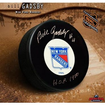 Bill Gadsby New York Rangers Autographed Hockey Puck with HOF Inscription