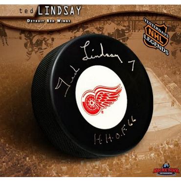 Ted Lindsay Detroit Red Wings Autographed Hockey Puck with HOF Inscription