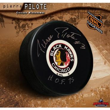 Pierre Pilote Chicago Blackhawks Autographed and Inscribed Hockey Puck
