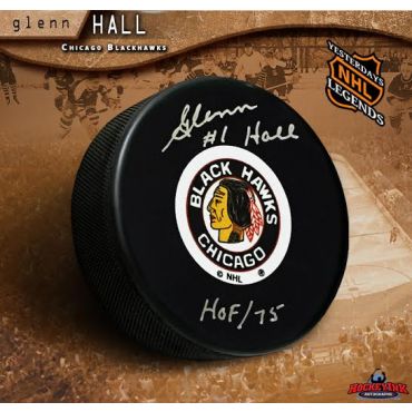 Glenn Hall Chicago Blackhawks Autographed and Inscribed Original 6 Logo Hockey Puck