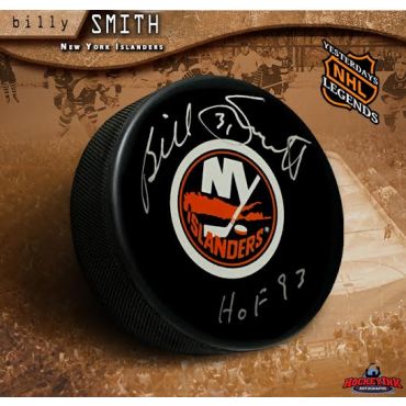 Billy Smith New York Islanders Autographed Hockey Puck with HOF Inscription