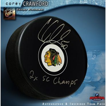 Corey Crawford Chicago Blackhawks Autographed Hockey Puck Inscribed 2X SC Champs