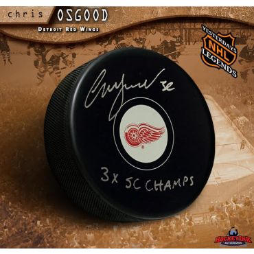 Chris Osgood Autographed Detroit Red Wings Hockey Puck Inscribed 3x SC Champs
