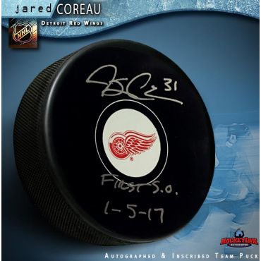 Jared Coreau Autographed Detroit Red Wings Puck Inscribed First S.O. 1-5-17