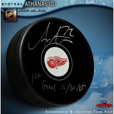 Andreas Athanasiou Autographed Detroit Red Wings Hockey Puck Inscribed 1st goal 11-10-15