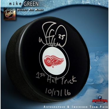 Mike Green Autographed Detroit Red Wings Puck Inscribed 1st Hat Trick 10-17-16