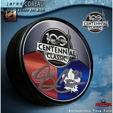 Jared Coreau Autographed Detroit Red Wings 2017 Centennial Classic Hockey Puck