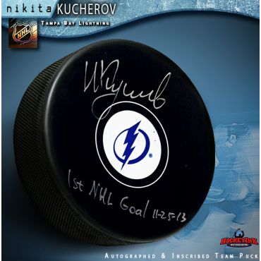 Nikita Kucherov Autographed Tampa Bay Lightning Hockey Puck 1st Goal Inscription