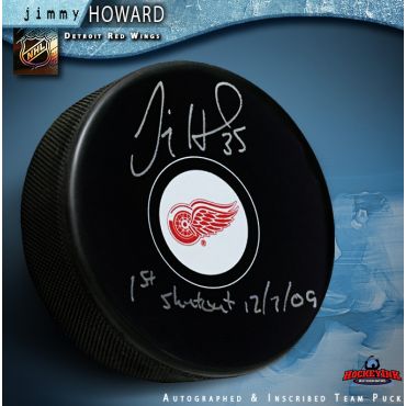 Jimmy Howard  Autographed Detroit Red Wings Hockey Puck with 1st Shutout Inscription