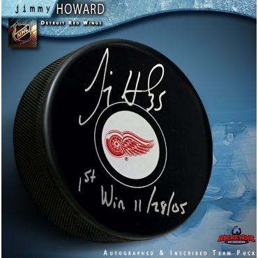 Jimmy Howard  Autographed Detroit Red Wings Hockey Puck with 1st Win Inscription