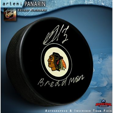 Artemi Panarin Autographed Chicago Blackhawks Puck with Breadman Inscription