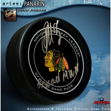 Artemi Panarin Autographed Chicago Blackhawks Official Game Puck with Breadman Inscription