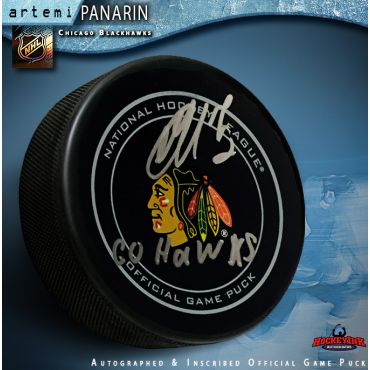 Artemi Panarin Autographed Chicago Blackhawks Official Game Puck with Go Hawks Inscripiton